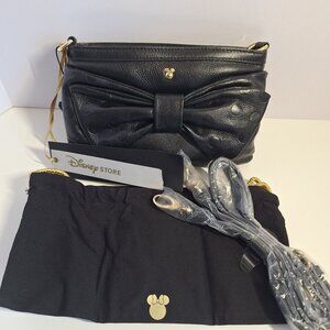 Disney Store Black Minnie Mouse Polka Dot Bow Lrather Gold Accents Dust Bag New